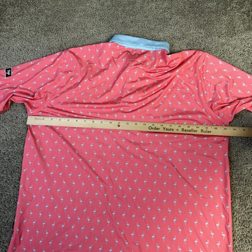 Waggle Polo Shirt Mens XL Pink Blue Performance Flamingo Stretch Golf Print - Picture 9 of 11
